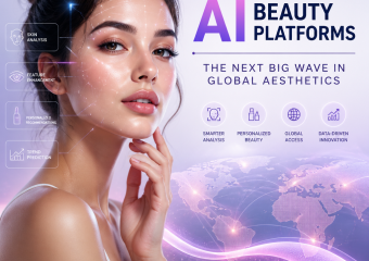 Illustration of AI beauty platforms offering personalized skincare analysis and virtual try-on on a digital device