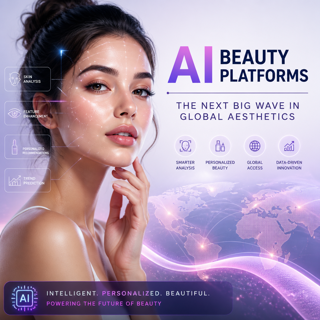 Illustration of AI beauty platforms offering personalized skincare analysis and virtual try-on on a digital device