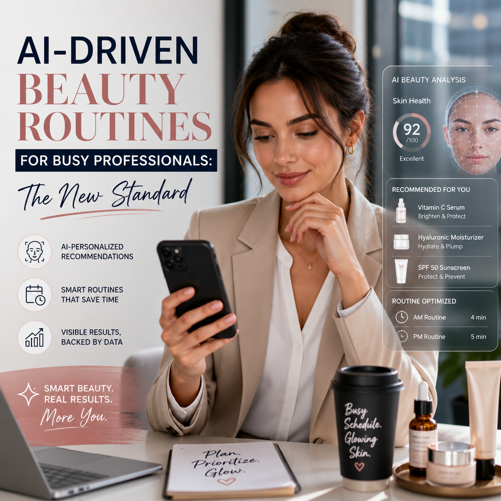 Professional woman using an AI beauty app for personalized skincare recommendations