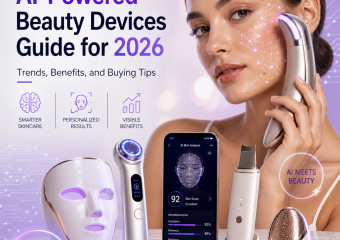 AI-powered beauty devices guide with skincare tools, personalized treatment icons, and modern cosmetic tech