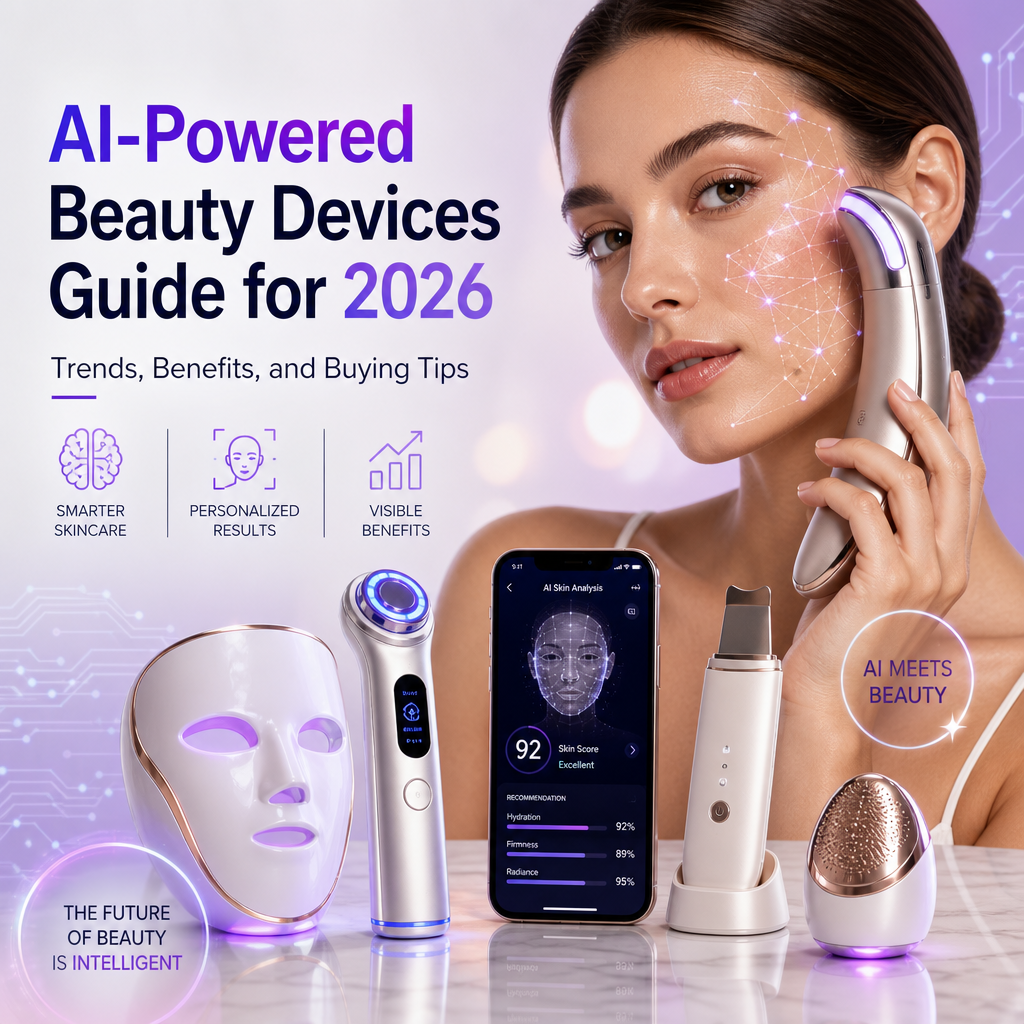 AI-powered beauty devices guide with skincare tools, personalized treatment icons, and modern cosmetic tech