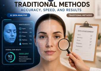 Side-by-side comparison of AI skin analysis and traditional skincare methods for accuracy, speed, and results