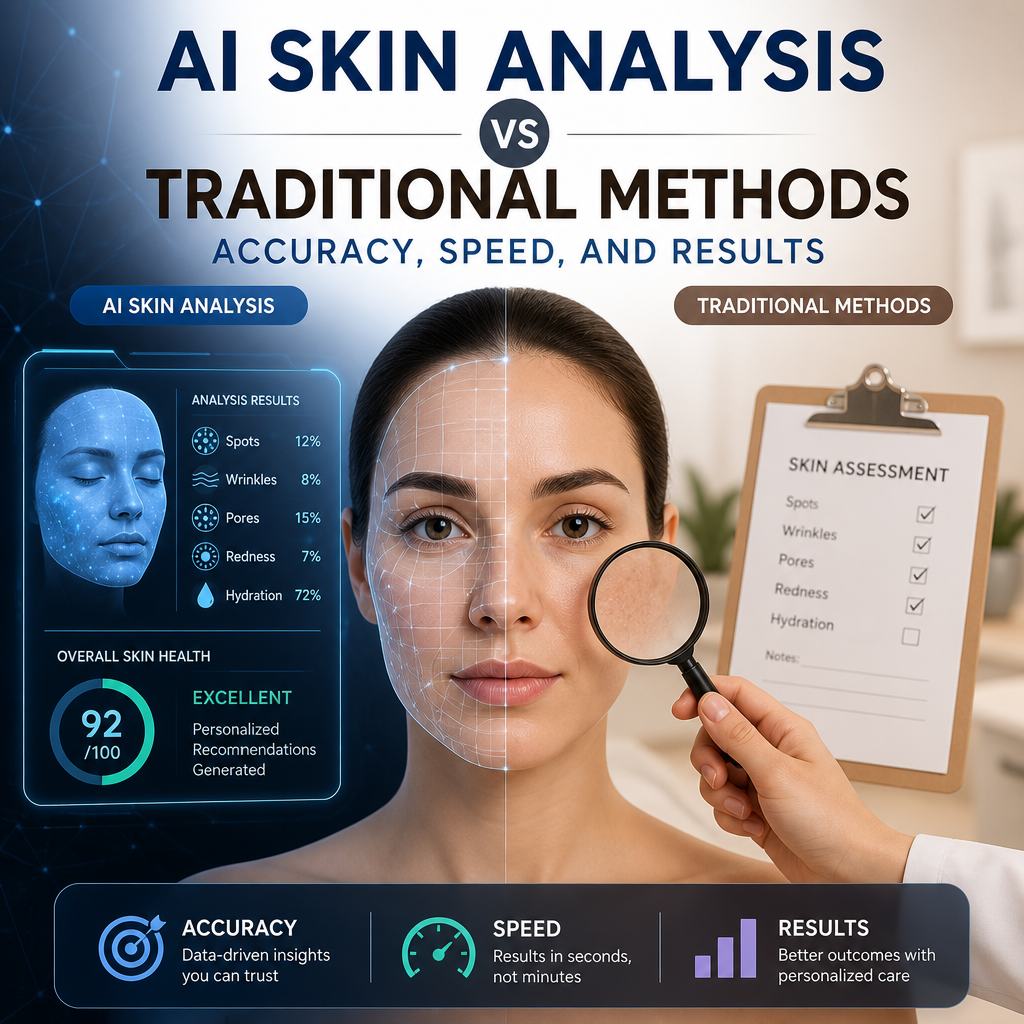 Side-by-side comparison of AI skin analysis and traditional skincare methods for accuracy, speed, and results