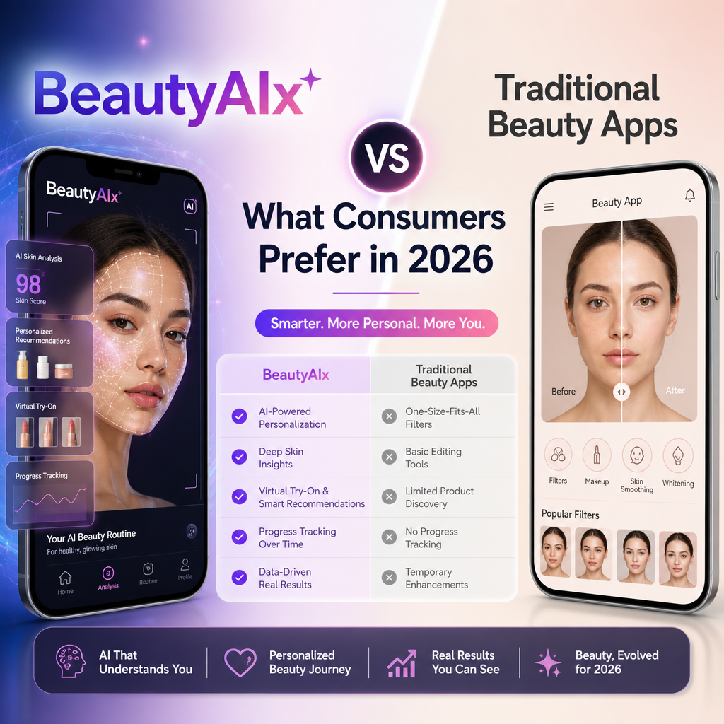 Comparison of BeautyAIx and traditional beauty apps in 2026, showing personalized AI recommendations versus generic routines