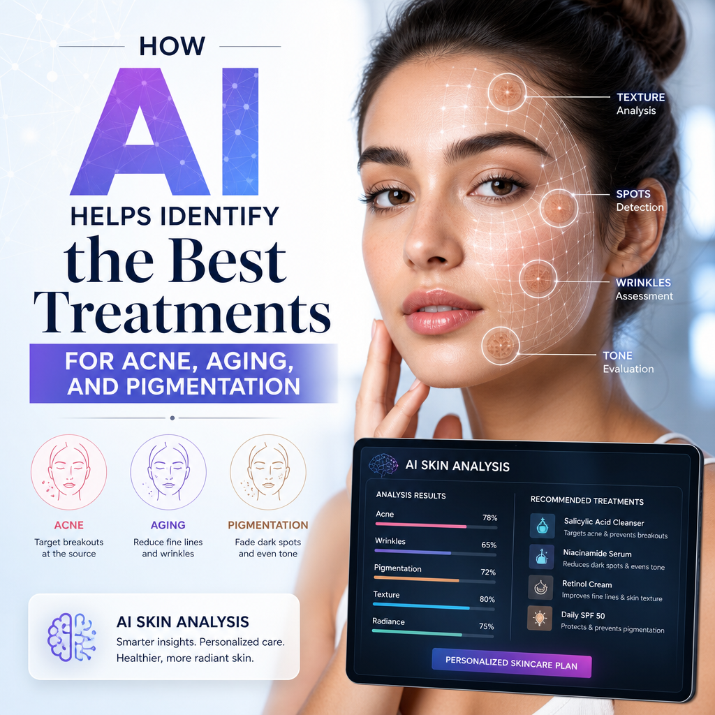 AI skin analysis screen showing personalized treatment options for acne, aging, and pigmentation