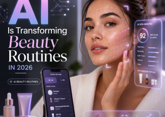 Woman using AI beauty app with smart skincare products and personalized routine recommendations