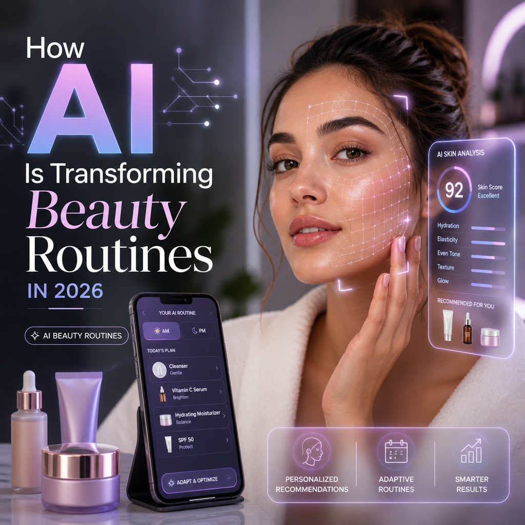 Woman using AI beauty app with smart skincare products and personalized routine recommendations