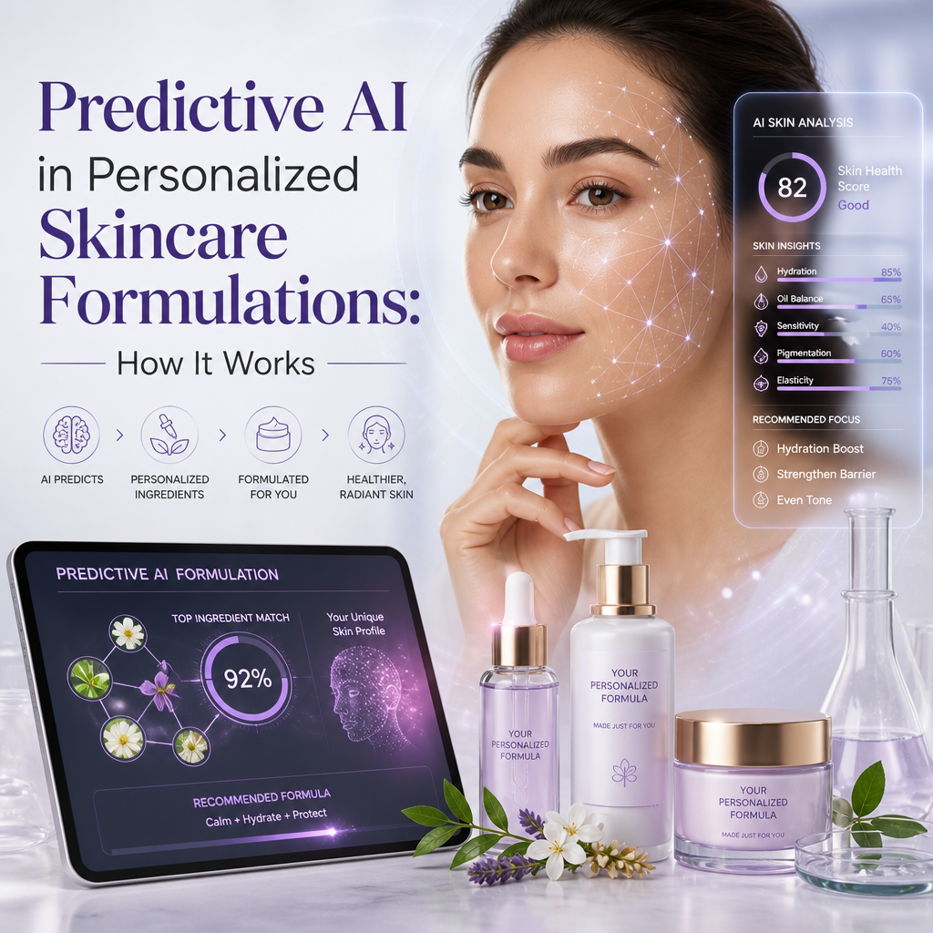 Predictive AI analyzing skin data to create personalized skincare formulations for healthier skin