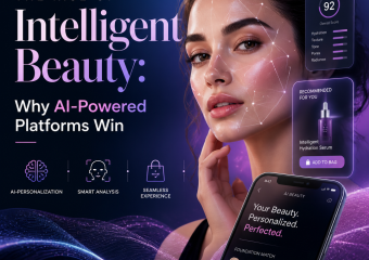 Woman using a smartphone beauty app with skincare product recommendations on screen