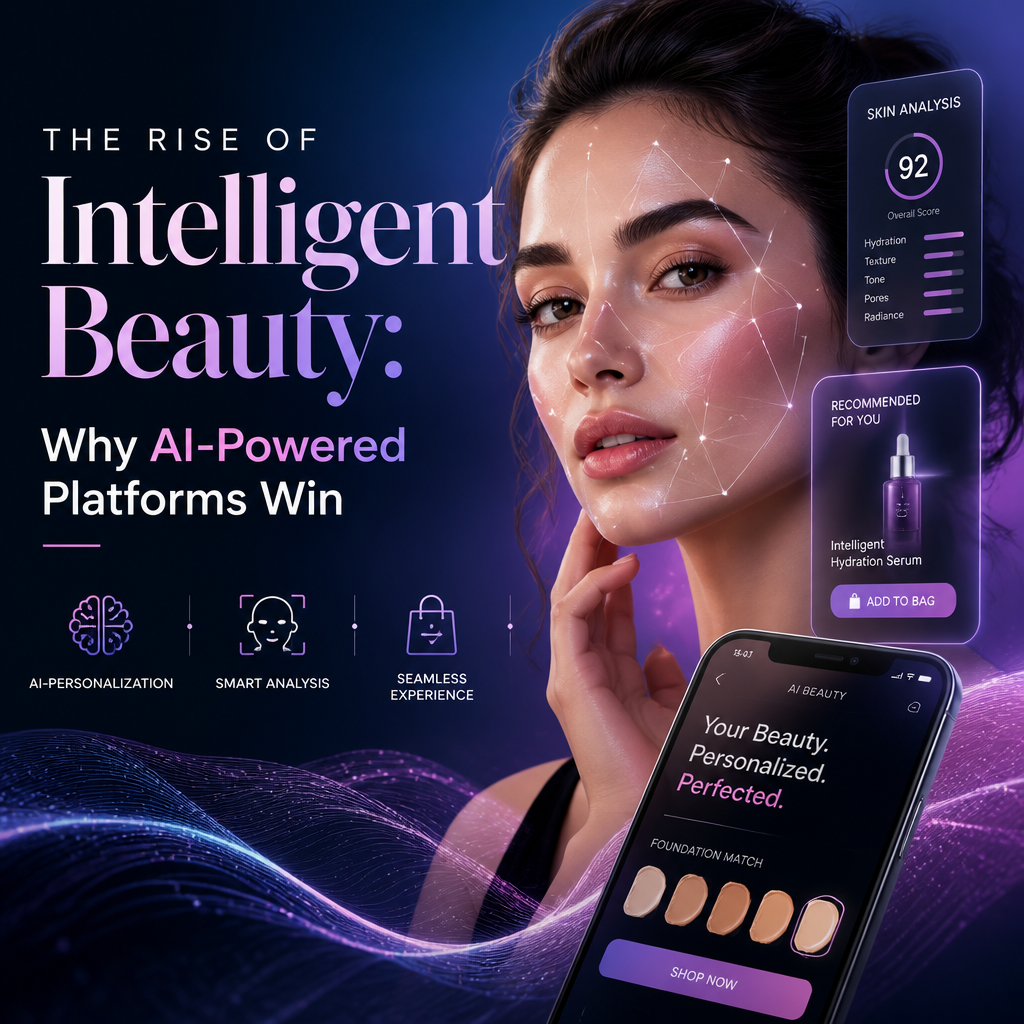 Woman using a smartphone beauty app with skincare product recommendations on screen