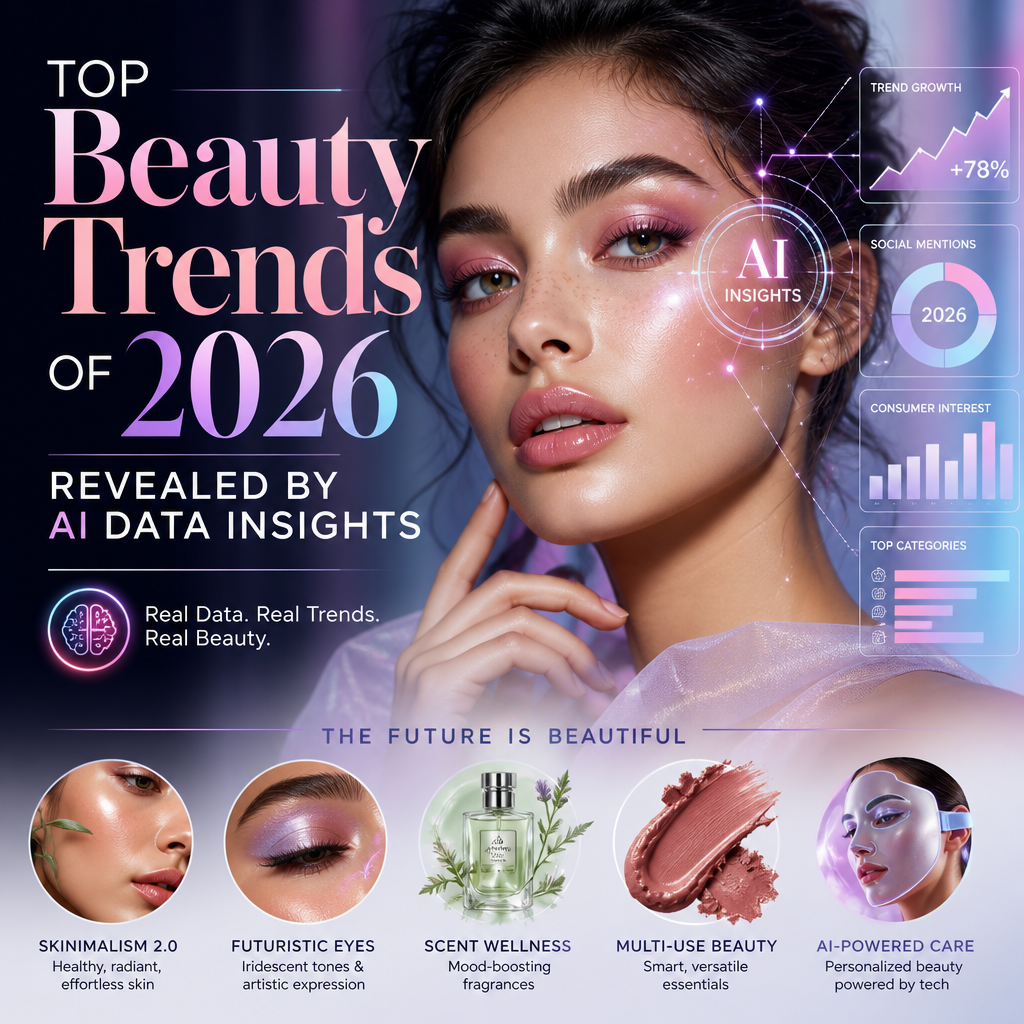 Beauty trends collage with skinimalism, futuristic eyes, scent wellness, multi-use products, and AI care