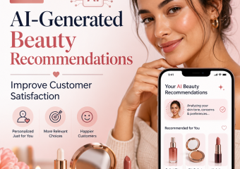 AI-generated beauty recommendations on a phone, showing personalized product choices with skin and style icons