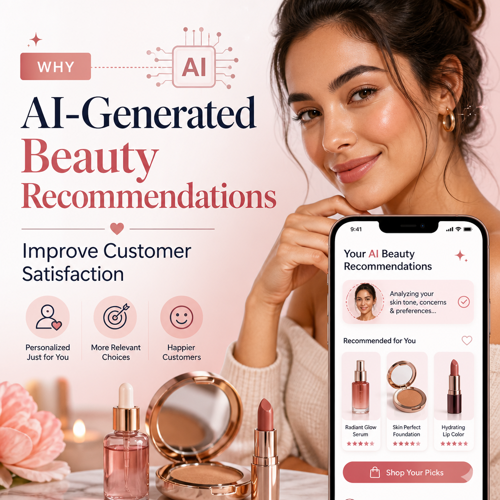 AI-generated beauty recommendations on a phone, showing personalized product choices with skin and style icons