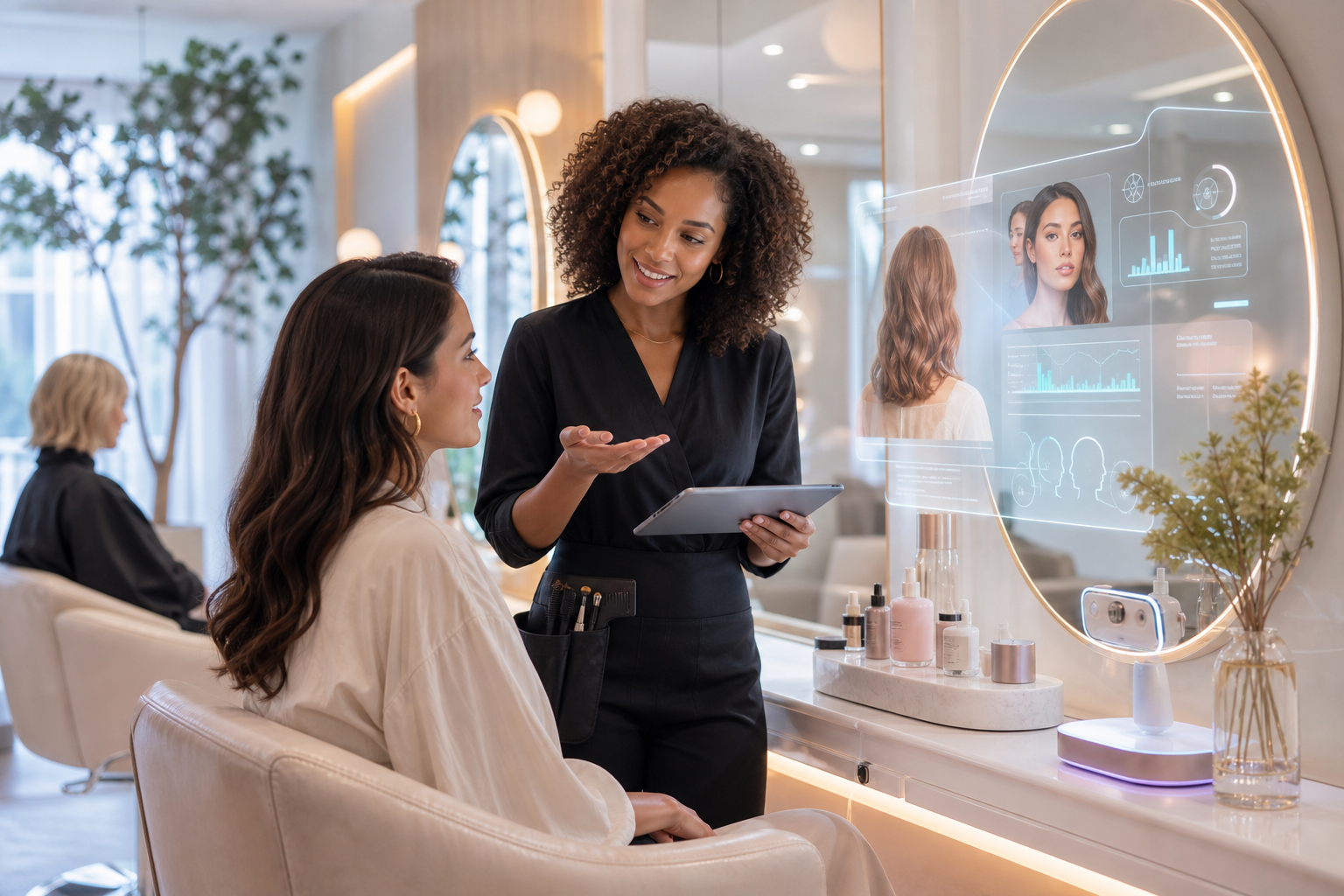 A beauty stylist consults with a client using a tablet and digital hair and skin analysis display