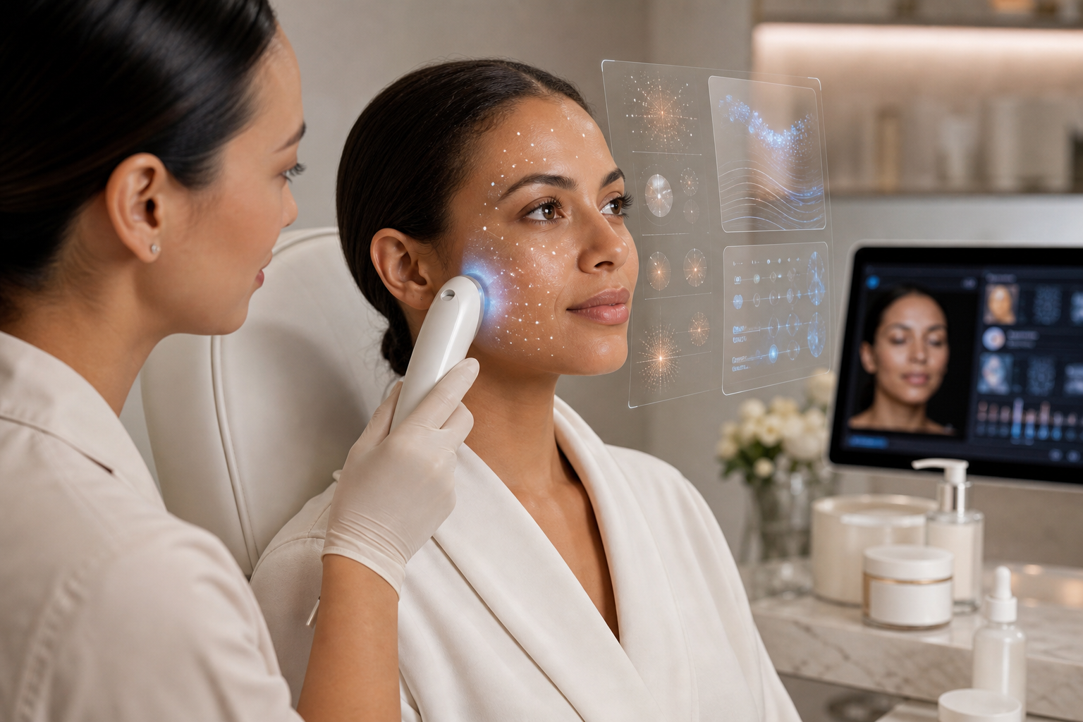 Aesthetician uses a handheld facial device on a client's cheek as skin-analysis graphics appear