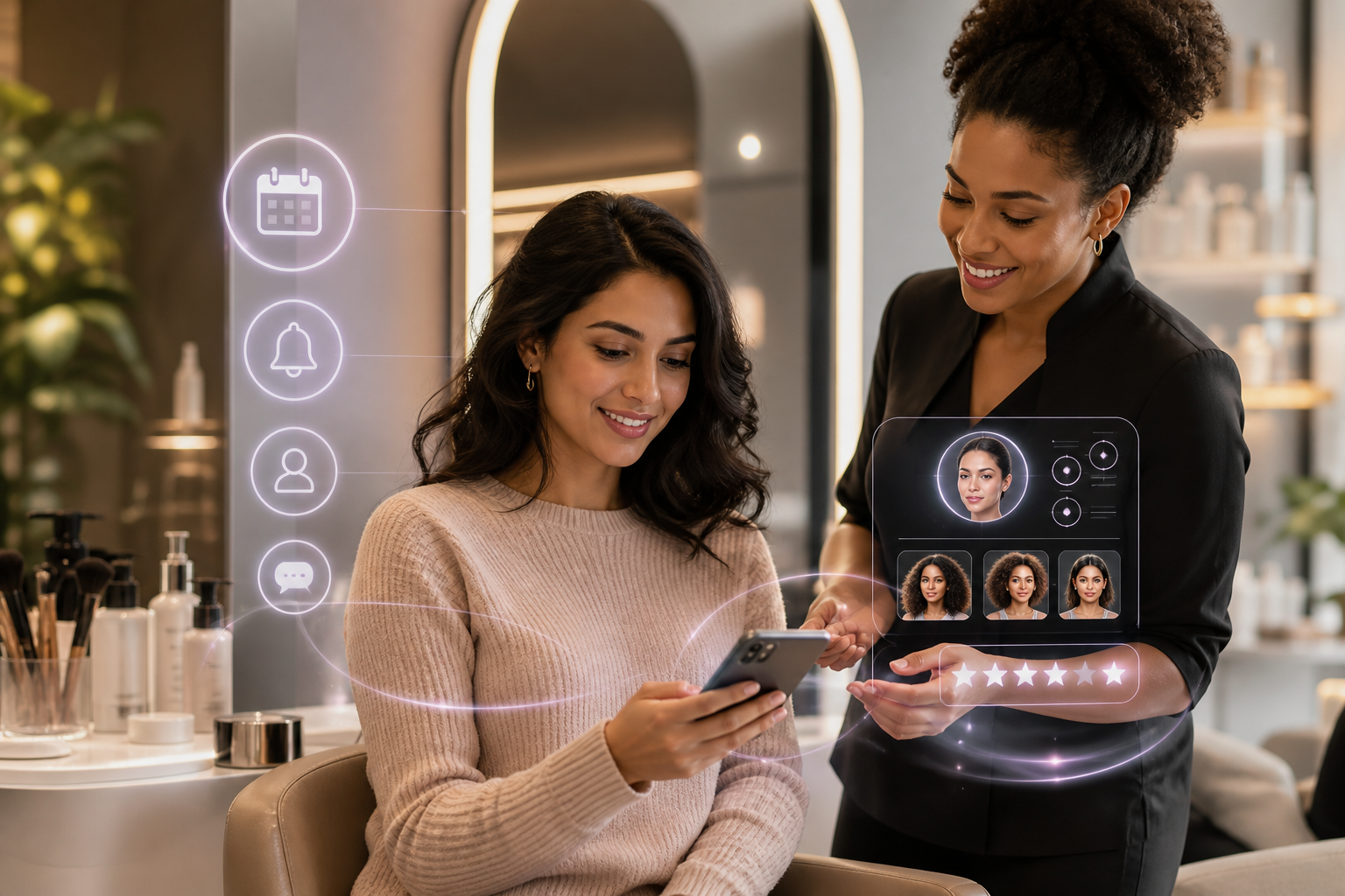 Beauty salon client and stylist review hairstyle options on a smartphone alongside digital appointment and five-star rating graphics