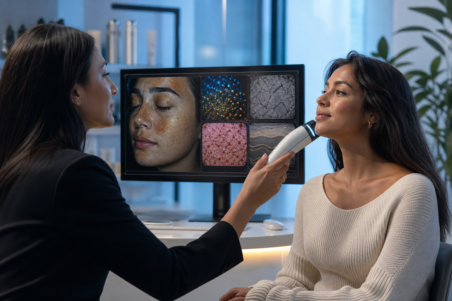 Skincare professional examines a woman's face with a handheld device while a monitor displays facial and skin texture images