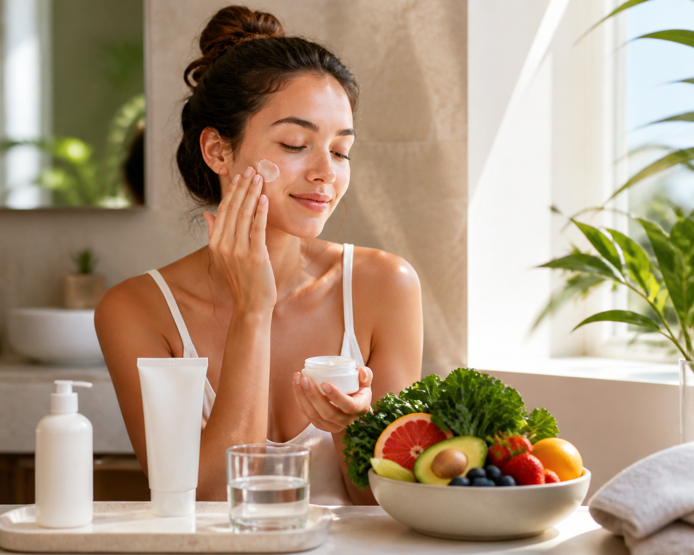 Woman applies face cream while holding a jar, with skincare products, water, and fresh fruit and vegetables nearby