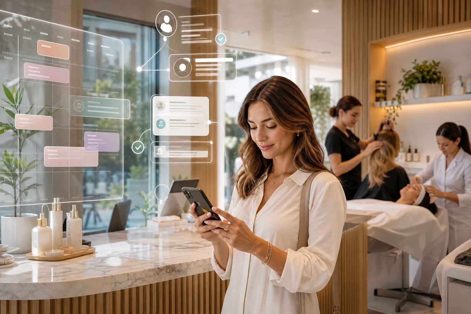 Woman using a smartphone in a spa while staff provide beauty treatments in the background