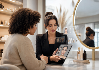A beauty consultant shows a client a tablet-based facial analysis and skincare recommendations in a salon