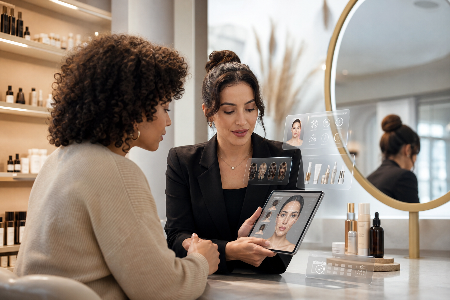 A beauty consultant shows a client a tablet-based facial analysis and skincare recommendations in a salon