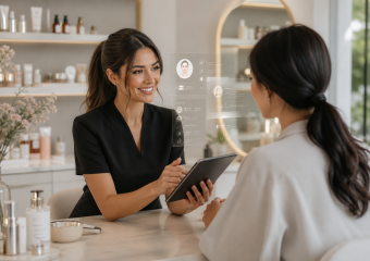 A skincare consultant uses a tablet to analyze a client's skin during a beauty consultation
