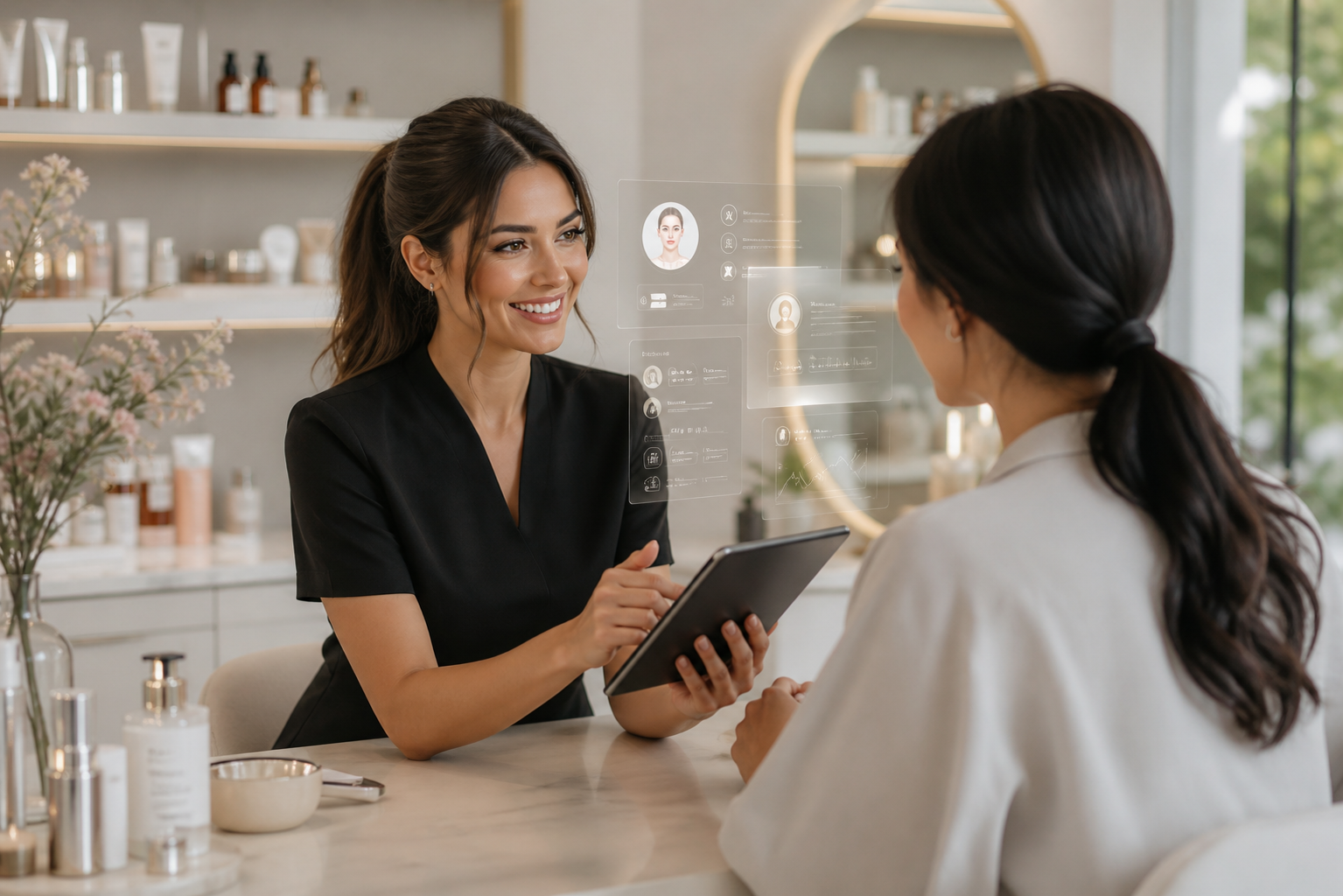 A skincare consultant uses a tablet to analyze a client's skin during a beauty consultation