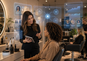 A stylist consults with a seated client in a salon, surrounded by digital profiles, product, scheduling, and analytics displays
