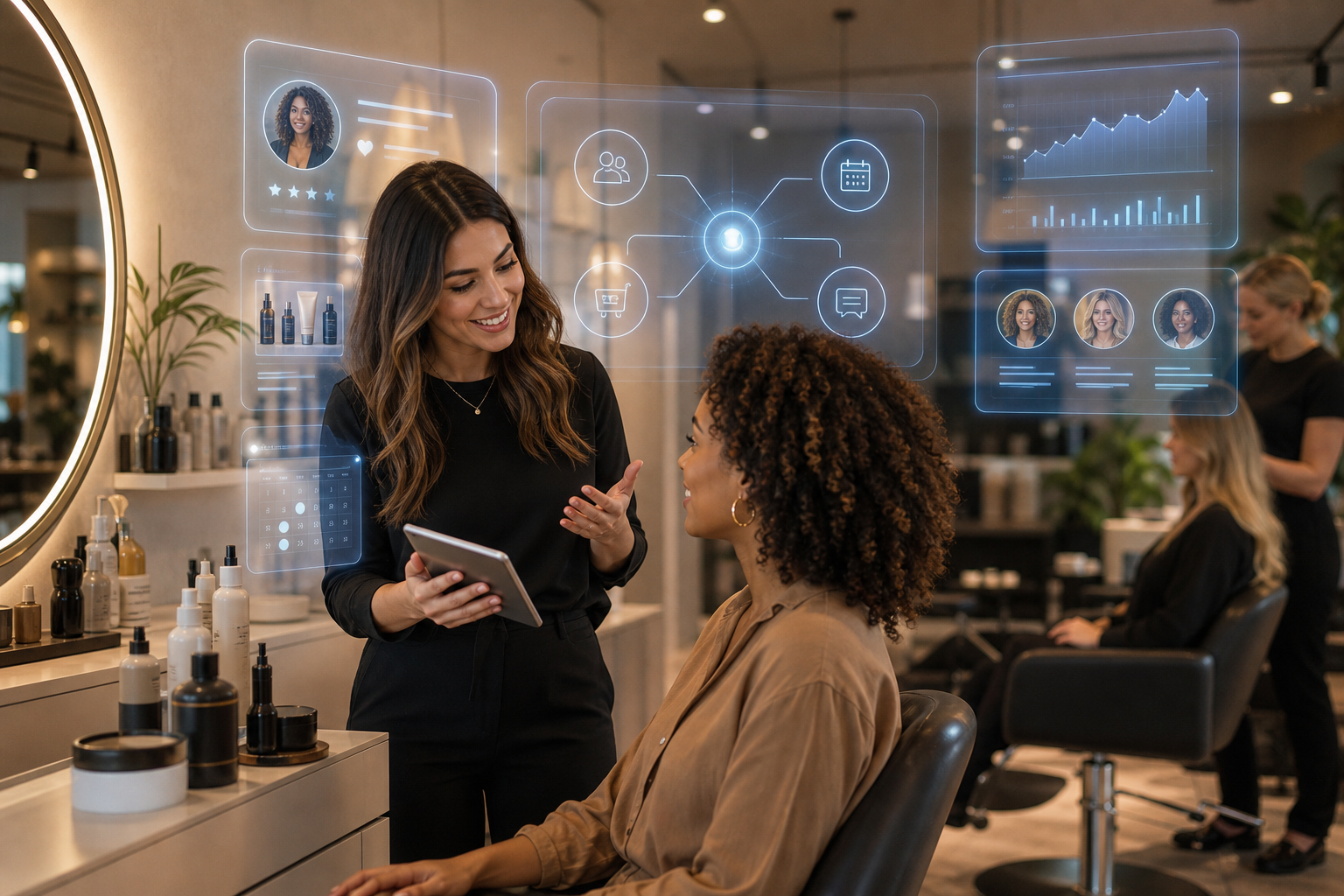A stylist consults with a seated client in a salon, surrounded by digital profiles, product, scheduling, and analytics displays