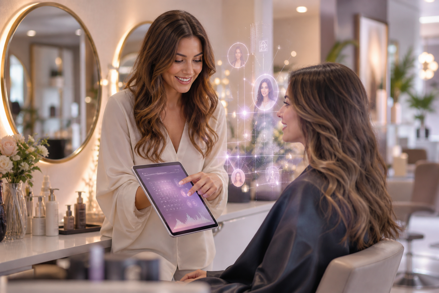 Beauty professional showing a client a tablet-based skin analysis in a salon