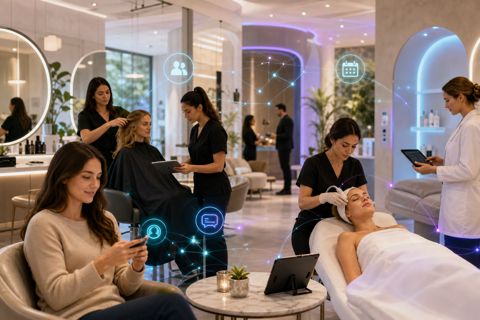 Beauty spa staff provide hair and facial treatments while clients use digital devices in a modern salon
