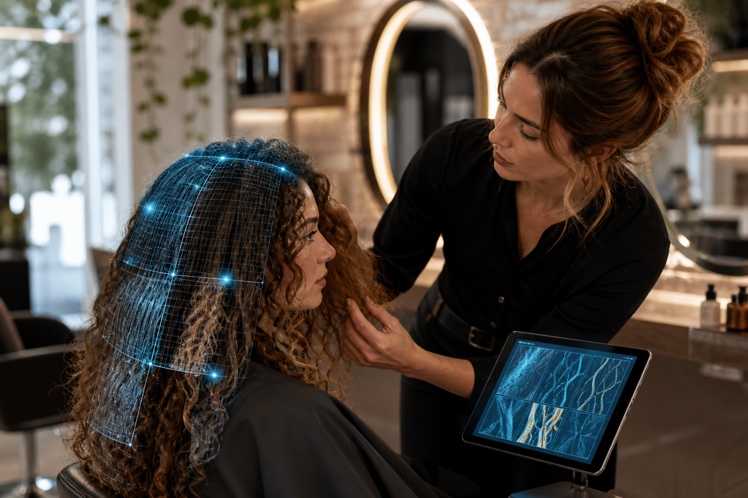 Stylist examines a client's curly hair with digital hair-mapping graphics displayed on the hair and a tablet
